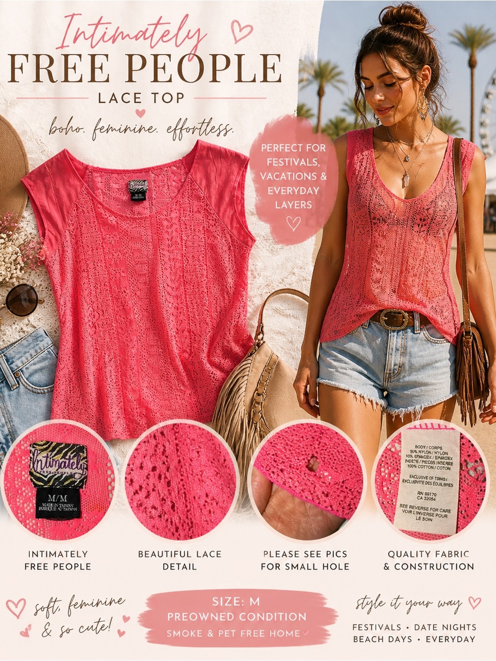 Intimately Free People Pink Lace Sheer Top Size M